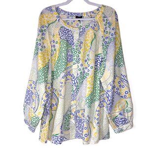 Talbots Colorful Yellow Paisley Shirred Button Up Cotton Top 3X  Boho